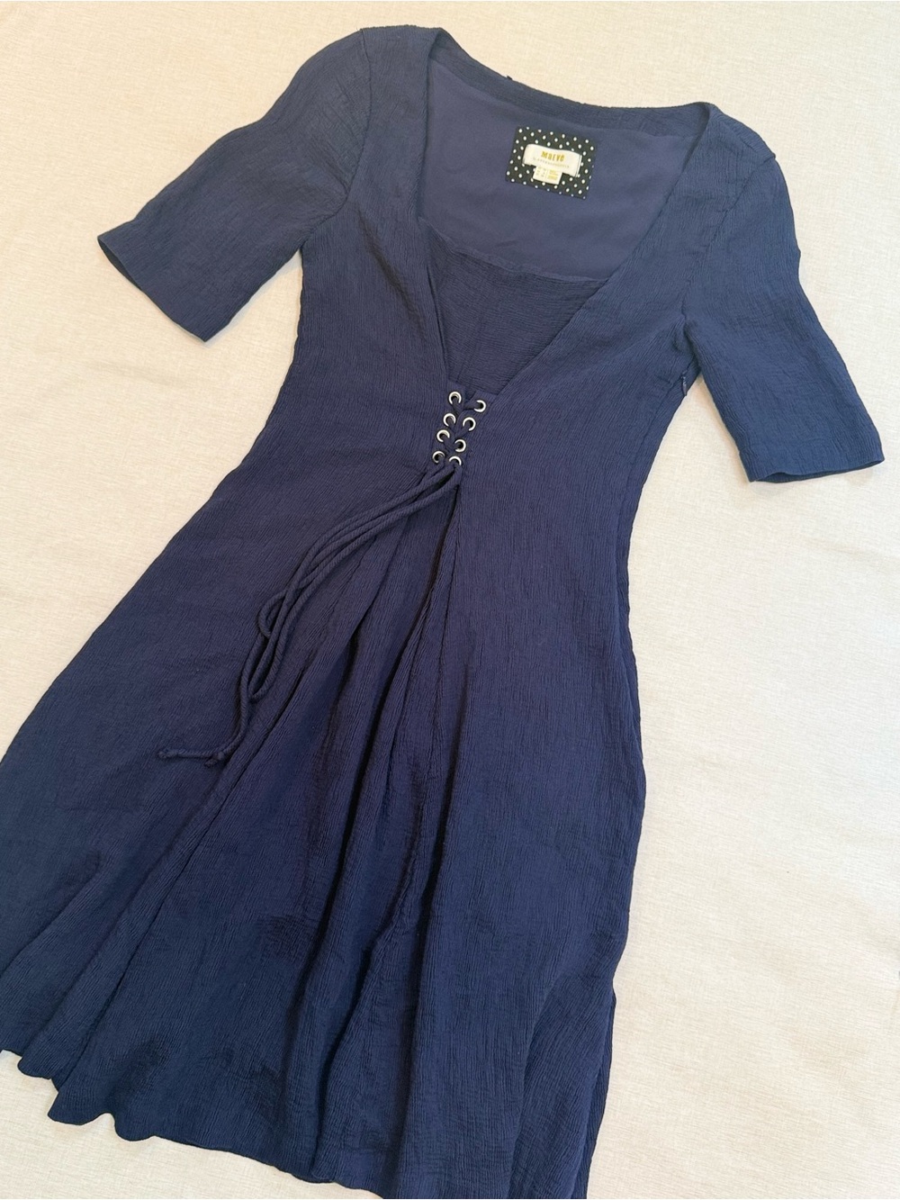 Maeve by Anthropologie Navy Blue Lace Up V-Neck Crinkle Dress Size S EUC